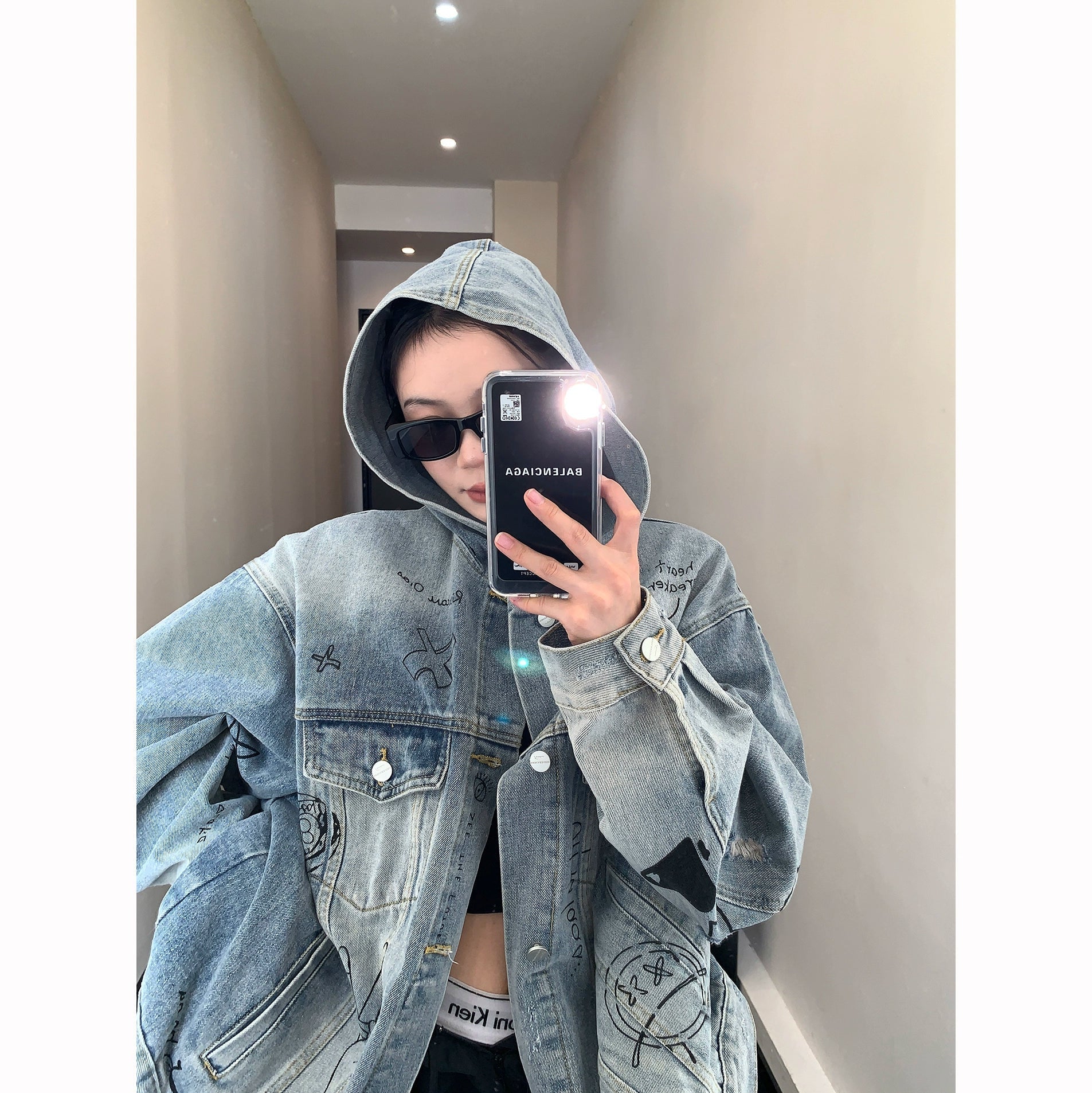 Graffiti Print Hooded Denim Jacket Hot on Sale