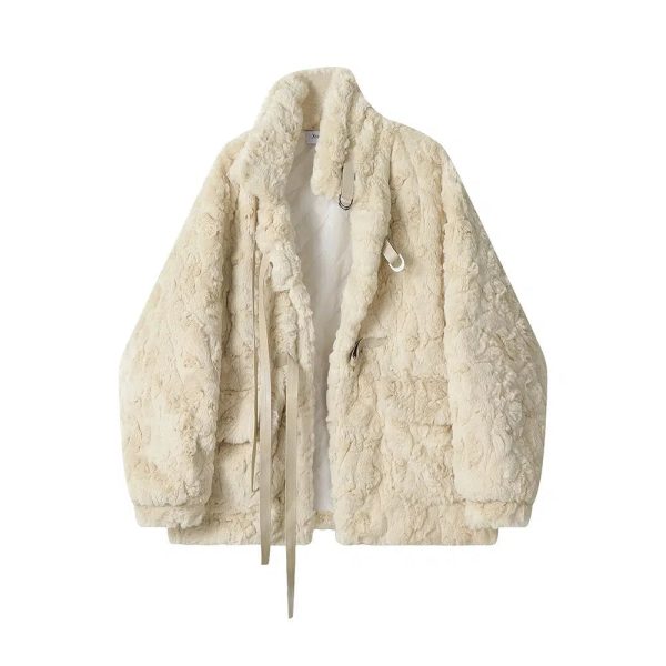 Tie Closure Plush Textured Coat Cheap