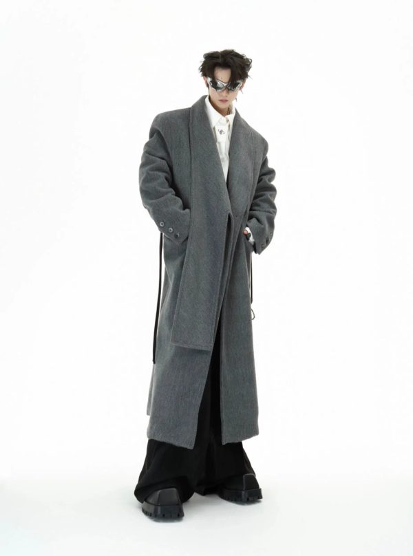 Deconstructed Woolen Long Coat with Metal Strap on Sale - Image 2