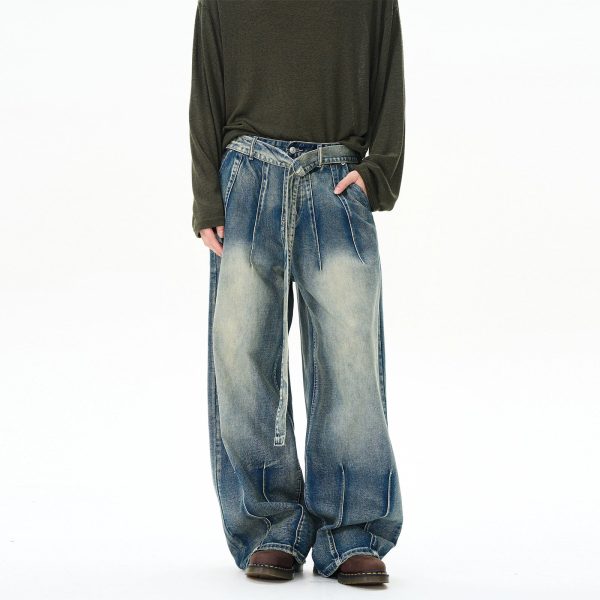 Retro Loose Wide-Leg Belted Jeans Online now