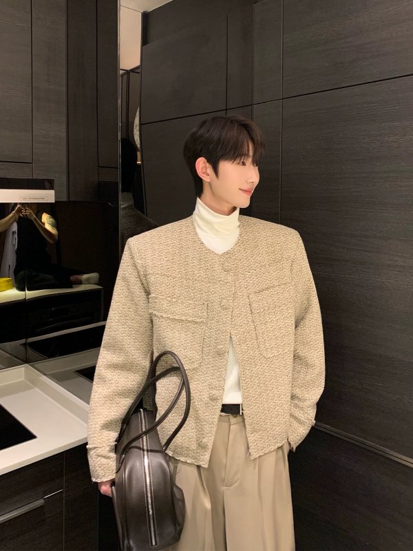 Collarless Wool Multi-pocket Padded Jacket For Sale - Image 4