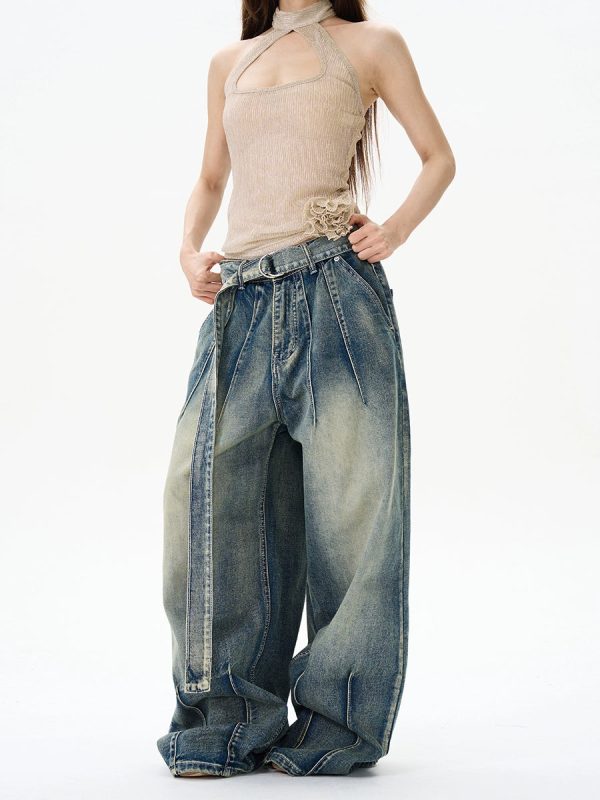 Retro Loose Wide-Leg Belted Jeans Online now - Image 4