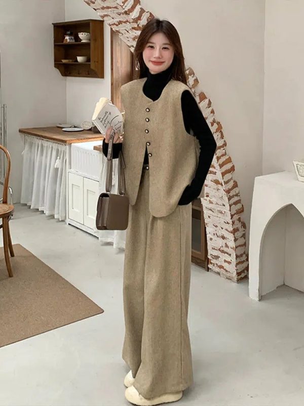 Khaki Vest and Wide-Leg Pants Suit Online - Image 2