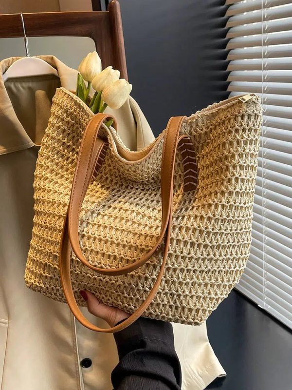 Leather Handles Woven Tote Bag Discount - Image 3