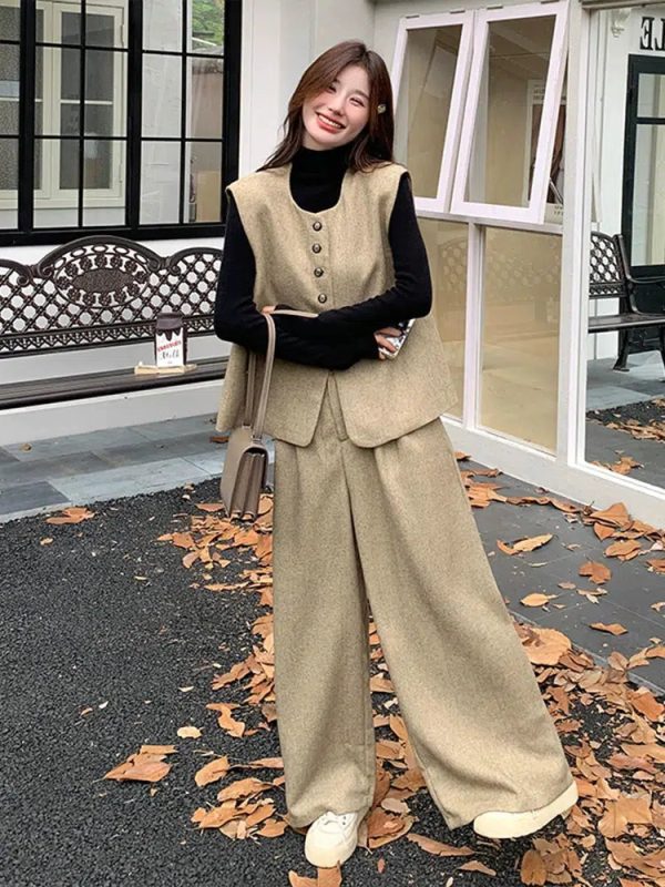 Khaki Vest and Wide-Leg Pants Suit Online - Image 5