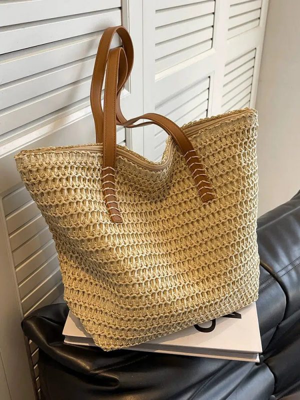 Leather Handles Woven Tote Bag Discount - Image 2