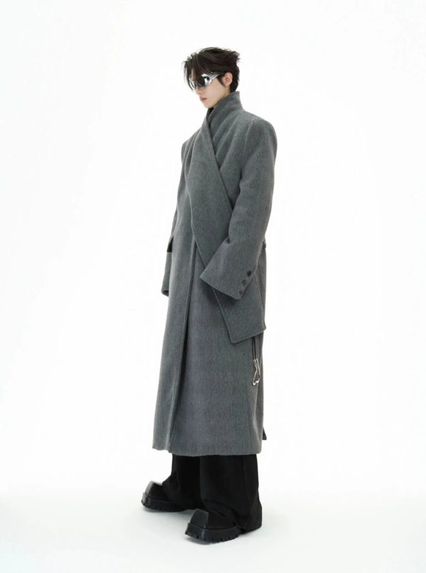 Deconstructed Woolen Long Coat with Metal Strap on Sale - Image 3