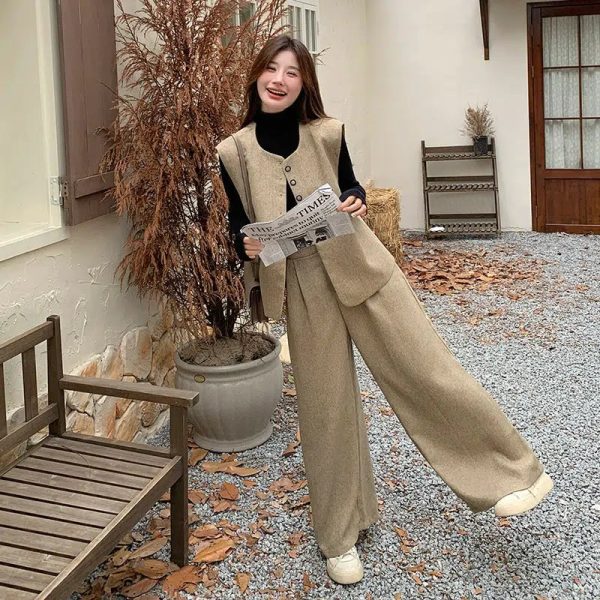 Khaki Vest and Wide-Leg Pants Suit Online