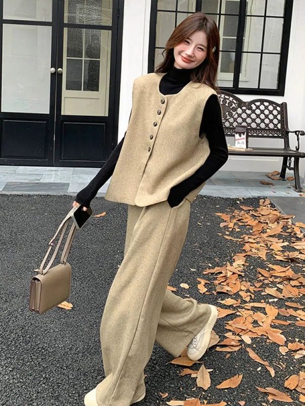 Khaki Vest and Wide-Leg Pants Suit Online - Image 3