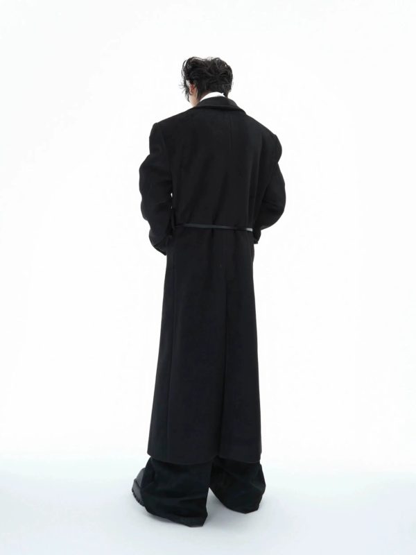 Deconstructed Woolen Long Coat with Metal Strap on Sale - Image 4
