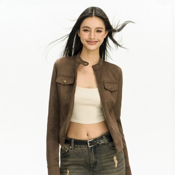 Stand Collar Suede Short Coat Fashion