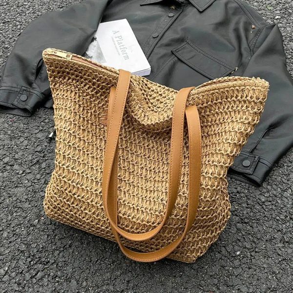 Leather Handles Woven Tote Bag Discount - Image 5