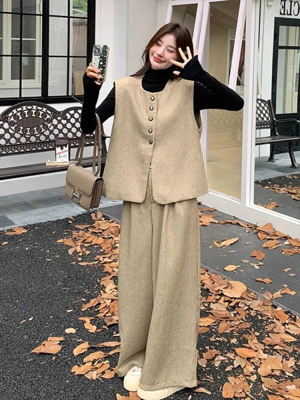 Khaki Vest and Wide-Leg Pants Suit Online - Image 4