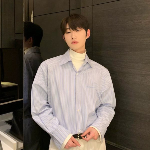 Lapel Embroidered Striped Shirt For Discount