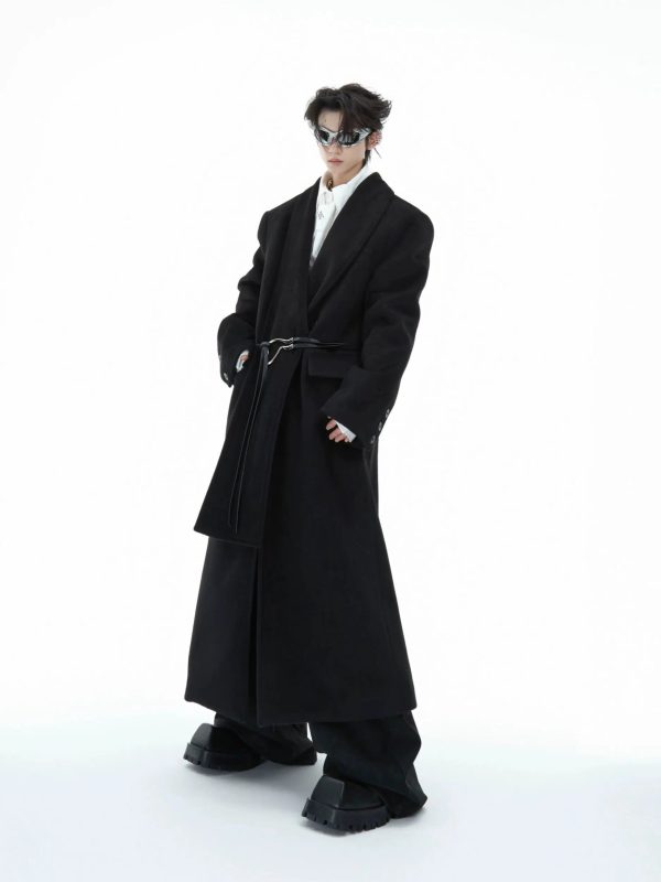 Deconstructed Woolen Long Coat with Metal Strap on Sale
