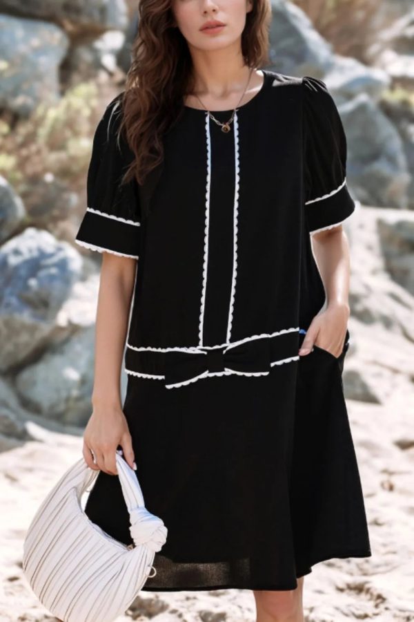 Hazel Blues® |  Contrast Scallop Trim Bow Detail Short Sleeve Shift Dress Hot on Sale - Image 2